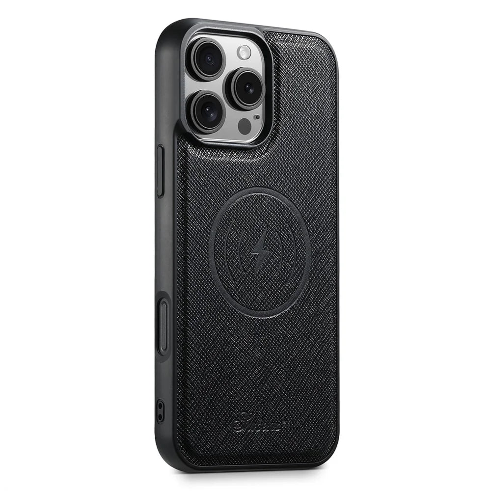 SUTENI H17 For iPhone 16 Pro Magnetic Case Cross Texture Leather Phone Back Cover with Detachable Card Bag - Black - 3
