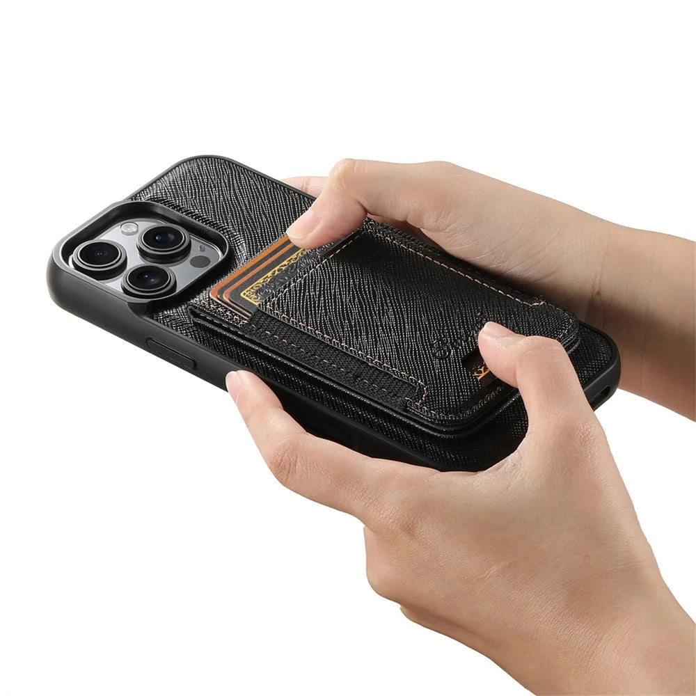 SUTENI H17 For iPhone 16 Pro Magnetic Case Cross Texture Leather Phone Back Cover with Detachable Card Bag - Black - 5
