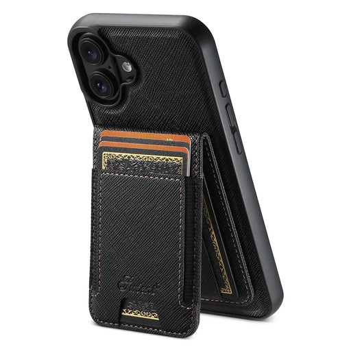 SUTENI H17 For iPhone 16 Plus Magnetic Case Cross Texture Leather Phone Back Cover with Detachable Card Bag - Black - 1