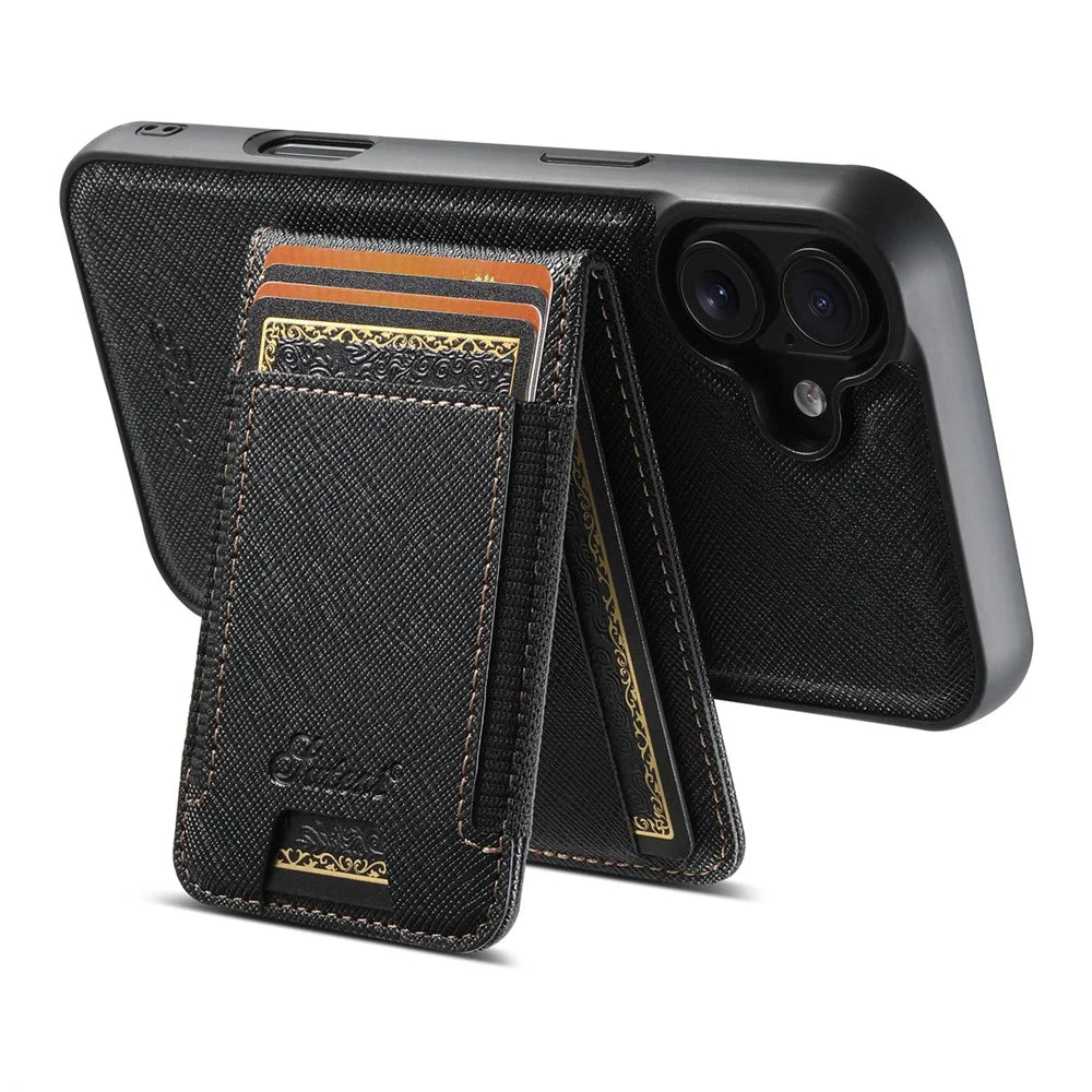 SUTENI H17 For iPhone 16 Plus Magnetic Case Cross Texture Leather Phone Back Cover with Detachable Card Bag - Black - 2