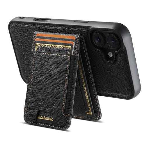 SUTENI H17 For iPhone 16 Plus Magnetic Case Cross Texture Leather Phone Back Cover with Detachable Card Bag - Black - 2