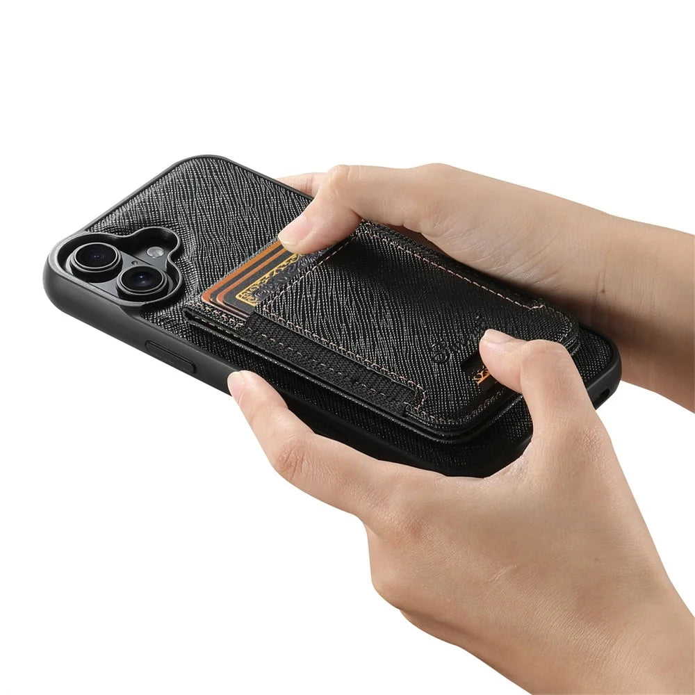 SUTENI H17 For iPhone 16 Plus Magnetic Case Cross Texture Leather Phone Back Cover with Detachable Card Bag - Black - 5