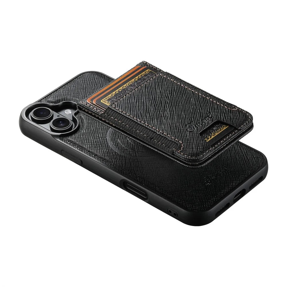 SUTENI H17 For iPhone 16 Plus Magnetic Case Cross Texture Leather Phone Back Cover with Detachable Card Bag - Black - 6
