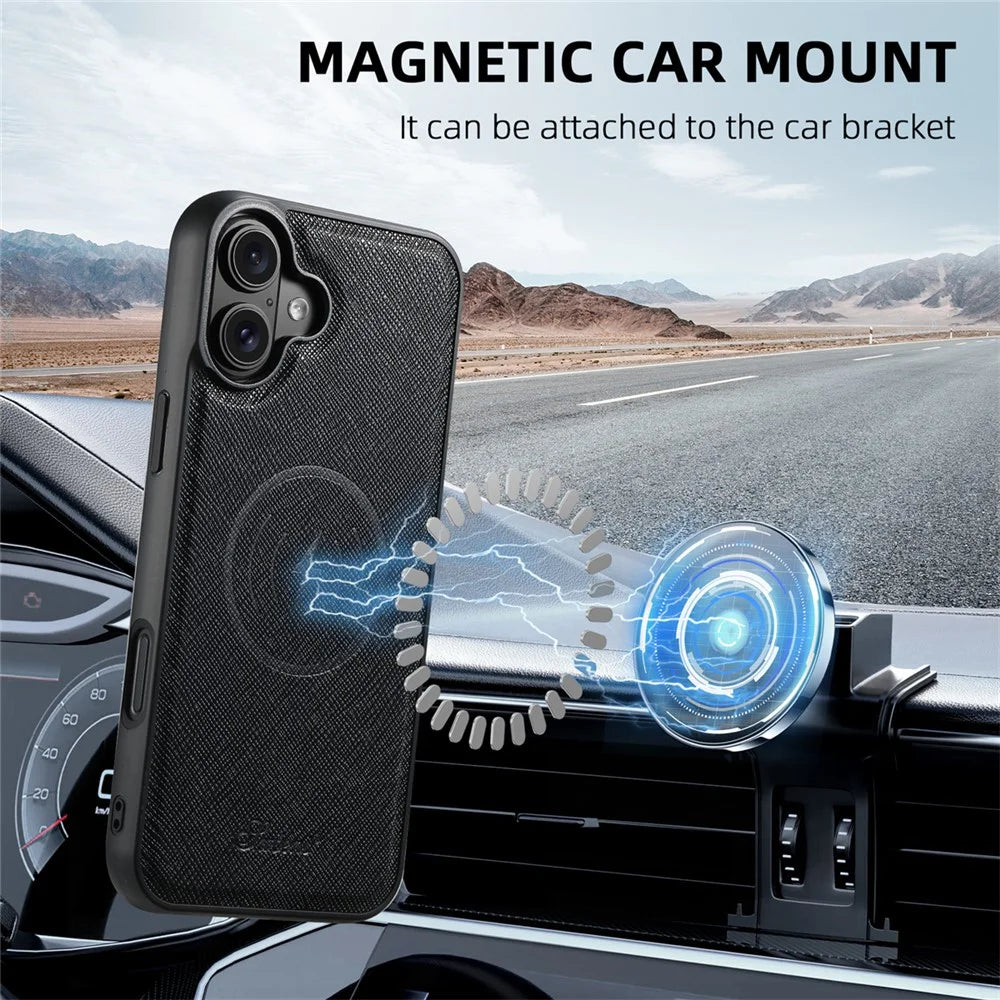 SUTENI H17 For iPhone 16 Plus Magnetic Case Cross Texture Leather Phone Back Cover with Detachable Card Bag - Black - 7