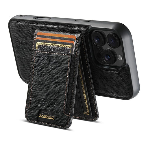 SUTENI H17 For iPhone 16 Pro Max Magnetic Case Cross Texture Leather Phone Back Cover with Detachable Card Bag - Black - 2