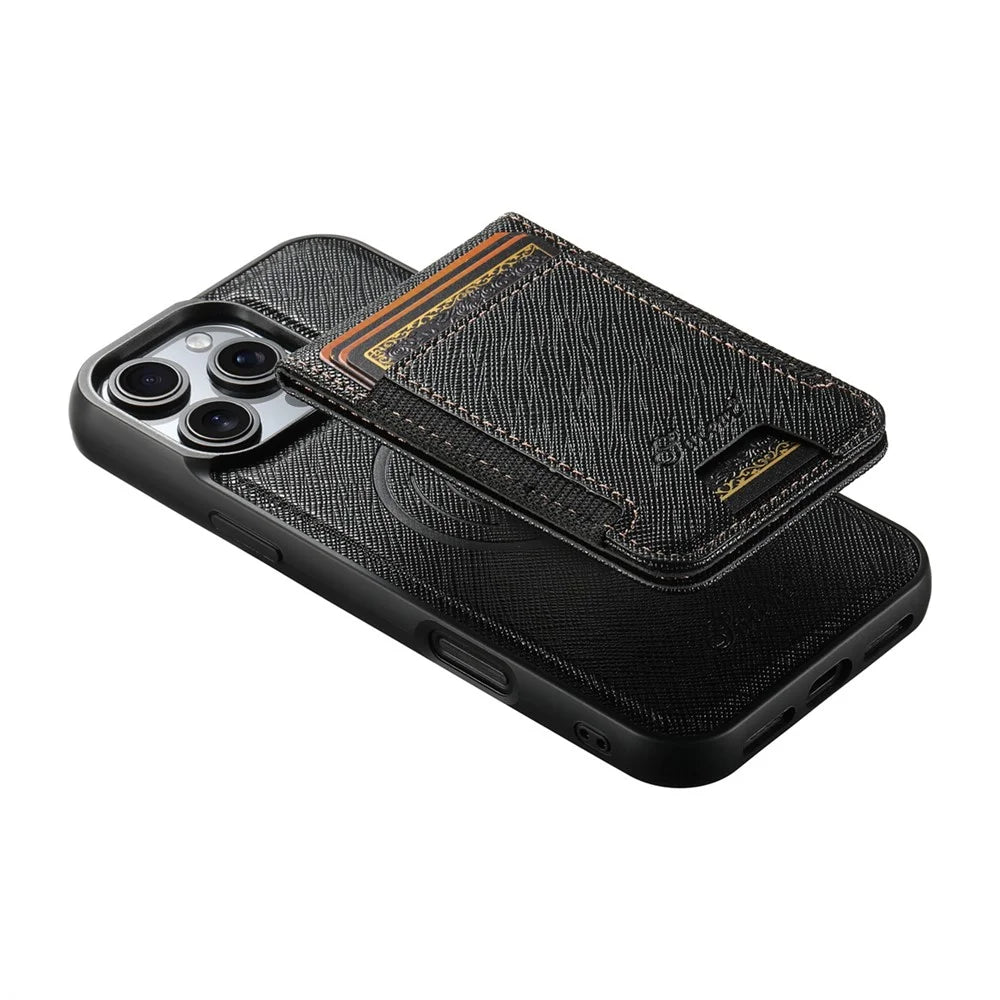 SUTENI H17 For iPhone 16 Pro Max Magnetic Case Cross Texture Leather Phone Back Cover with Detachable Card Bag - Black - 6