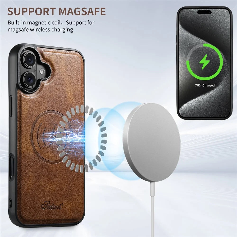SUTENI H17 For iPhone 16 Case Compatible with MagSafe Card Holder Kickstand Phone Cover - Brown - 6