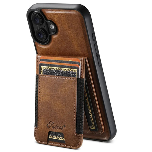 SUTENI H17 For iPhone 16 Plus Case Compatible with MagSafe Card Holder Kickstand Phone Cover - Brown - 1