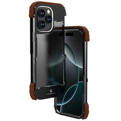 R-JUST For iPhone 16 Pro Max Bumper Case Aluminium Alloy+Redwood Frameless Phone Cover - 1