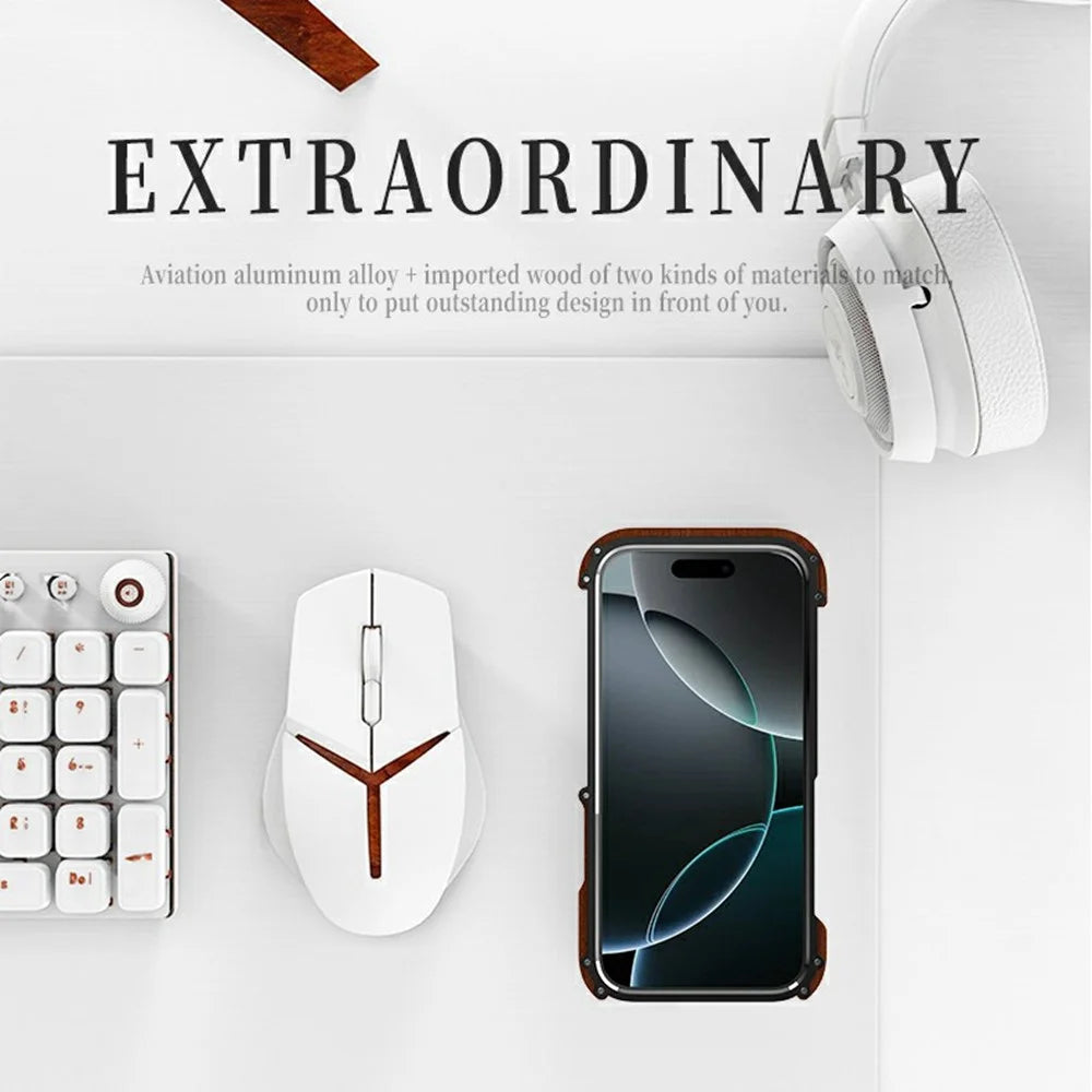 R-JUST For iPhone 16 Pro Max Bumper Case Aluminium Alloy+Redwood Frameless Phone Cover - 4