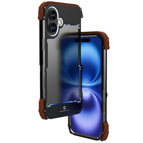 R-JUST For iPhone 16 Bumper Case Aluminium Alloy+Redwood Frameless Phone Cover - 1