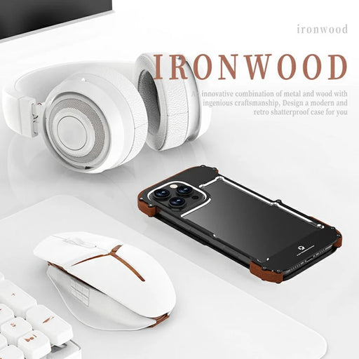 R-JUST For iPhone 16 Pro Bumper Case Aluminium Alloy+Redwood Frameless Phone Cover - 2