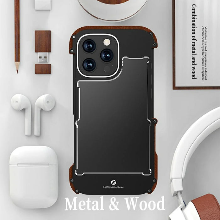 R-JUST For iPhone 16 Pro Bumper Case Aluminium Alloy+Redwood Frameless Phone Cover - 3