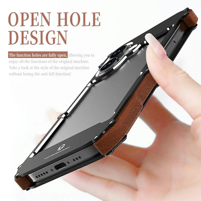 R-JUST For iPhone 16 Pro Bumper Case Aluminium Alloy+Redwood Frameless Phone Cover - 5