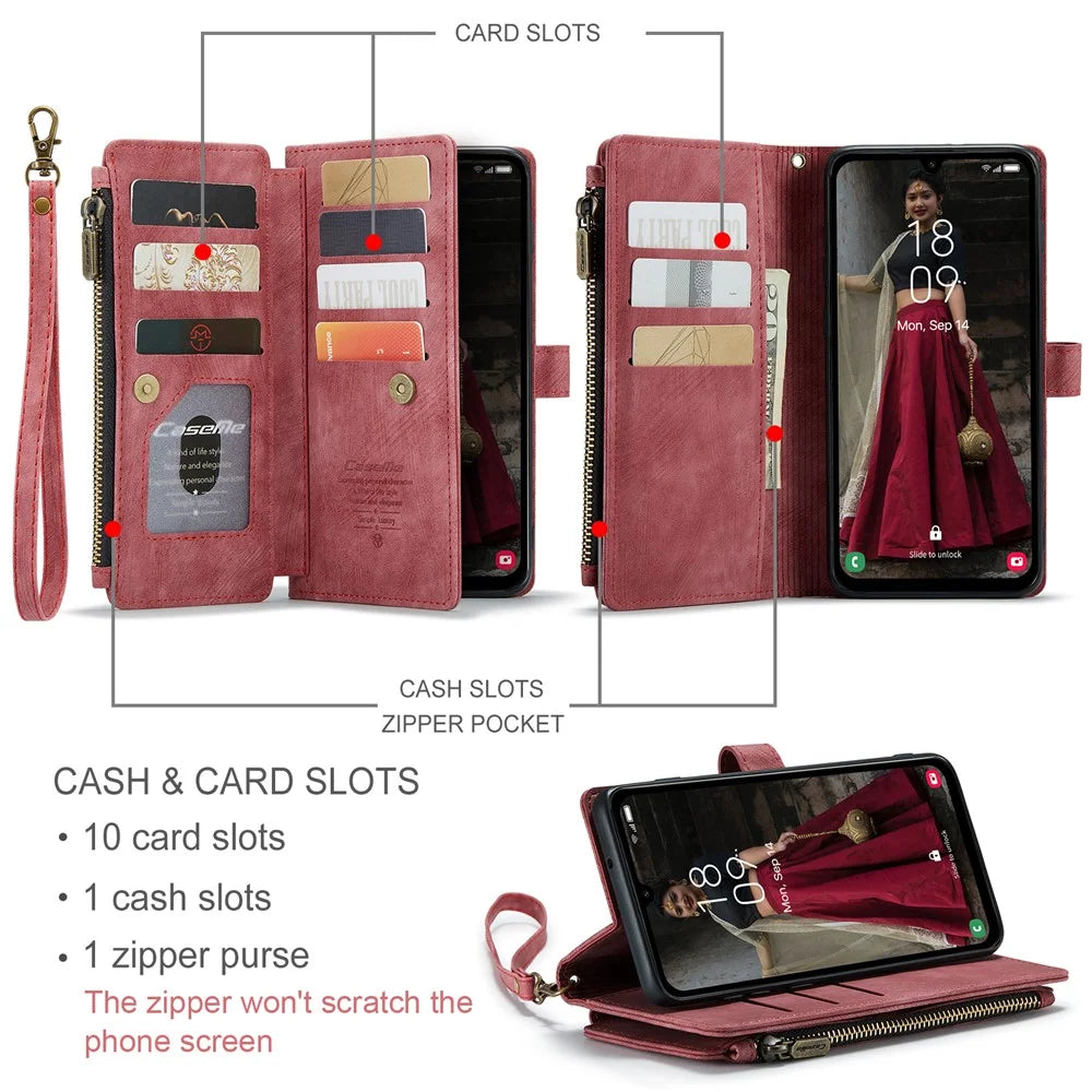 CASEME For Samsung Galaxy A16 5G / A16 4G Phone Cases with Strap  C30 Zipper Multiple Card Holder PU Leather Cover - Red - 5