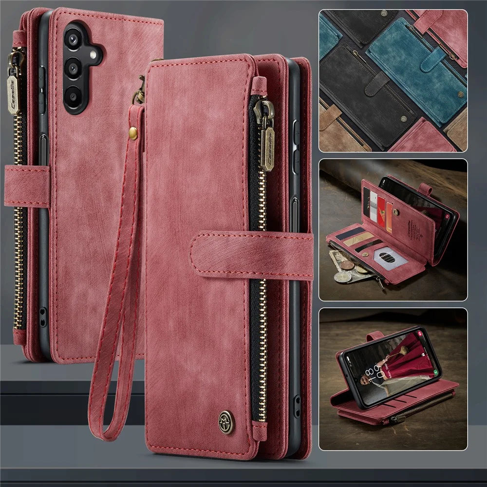 CASEME For Samsung Galaxy A16 5G / A16 4G Phone Cases with Strap  C30 Zipper Multiple Card Holder PU Leather Cover - Red - 6