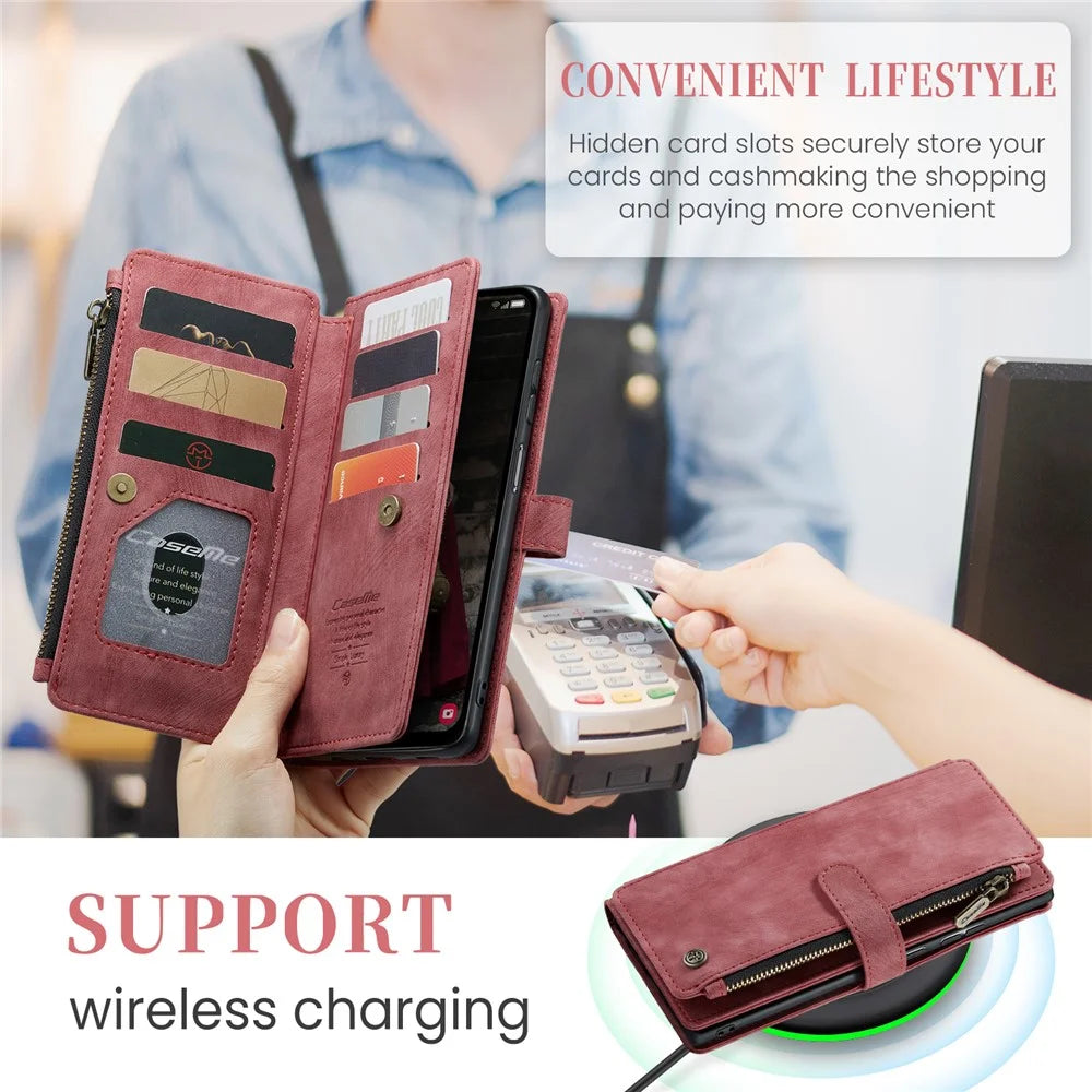 CASEME For Samsung Galaxy A16 5G / A16 4G Phone Cases with Strap  C30 Zipper Multiple Card Holder PU Leather Cover - Red - 7