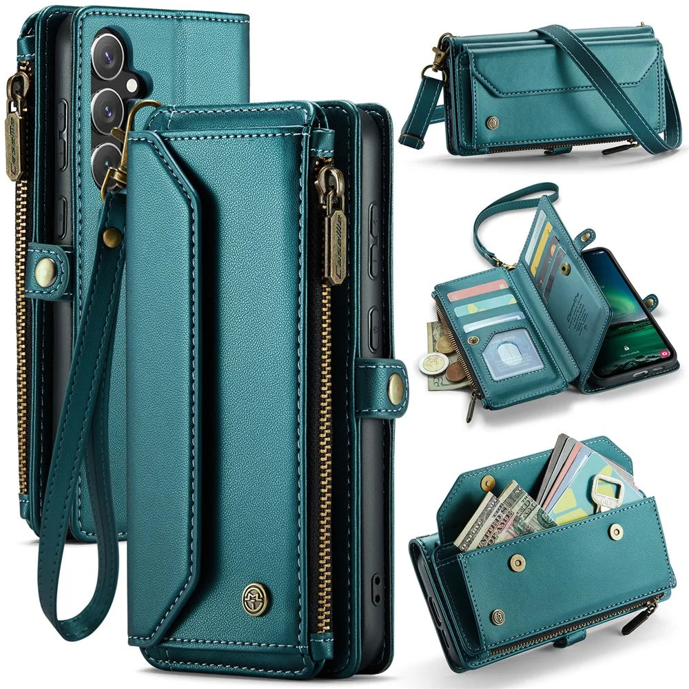CASEME For Samsung Galaxy S24 FE Leather Case  C36 Zipper Multiple Card Slots Phone Cover with Straps - Green - 1