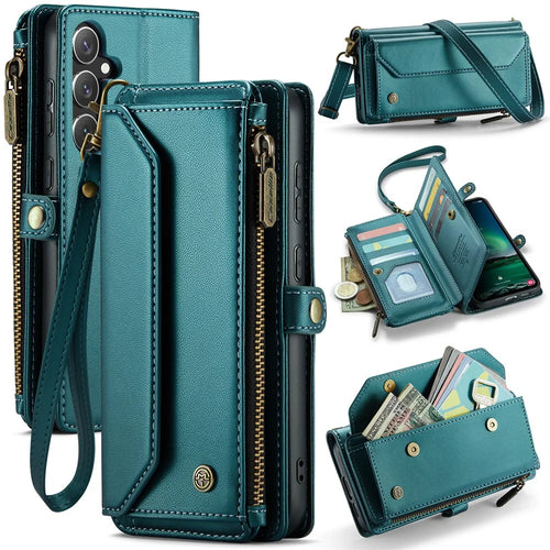 CASEME For Samsung Galaxy S24 FE Leather Case  C36 Zipper Multiple Card Slots Phone Cover with Straps - Green - 1