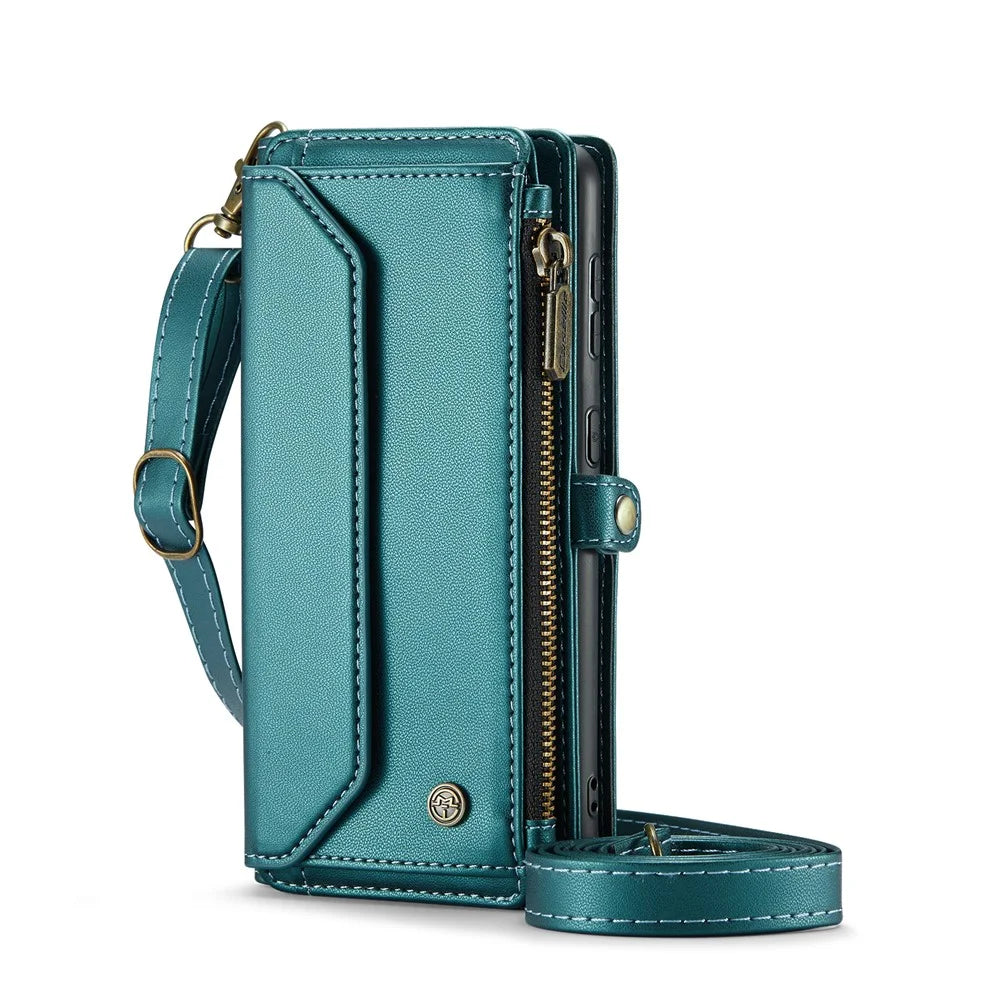CASEME For Samsung Galaxy S24 FE Leather Case  C36 Zipper Multiple Card Slots Phone Cover with Straps - Green - 2