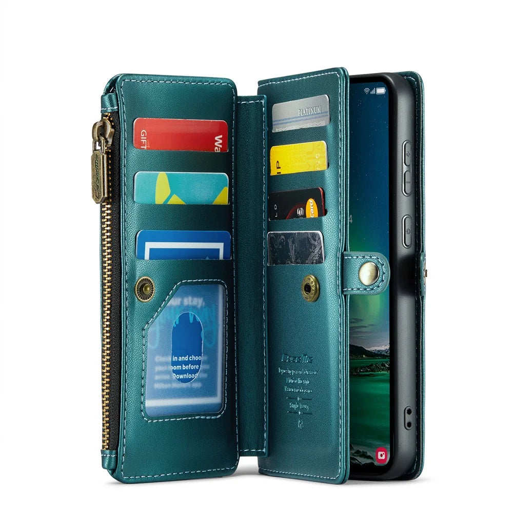 CASEME For Samsung Galaxy S24 FE Leather Case  C36 Zipper Multiple Card Slots Phone Cover with Straps - Green - 3