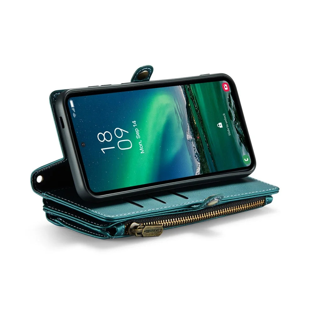 CASEME For Samsung Galaxy S24 FE Leather Case  C36 Zipper Multiple Card Slots Phone Cover with Straps - Green - 4