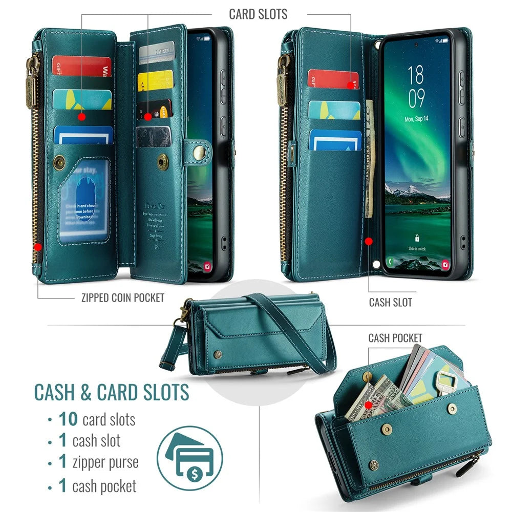 CASEME For Samsung Galaxy S24 FE Leather Case  C36 Zipper Multiple Card Slots Phone Cover with Straps - Green - 5