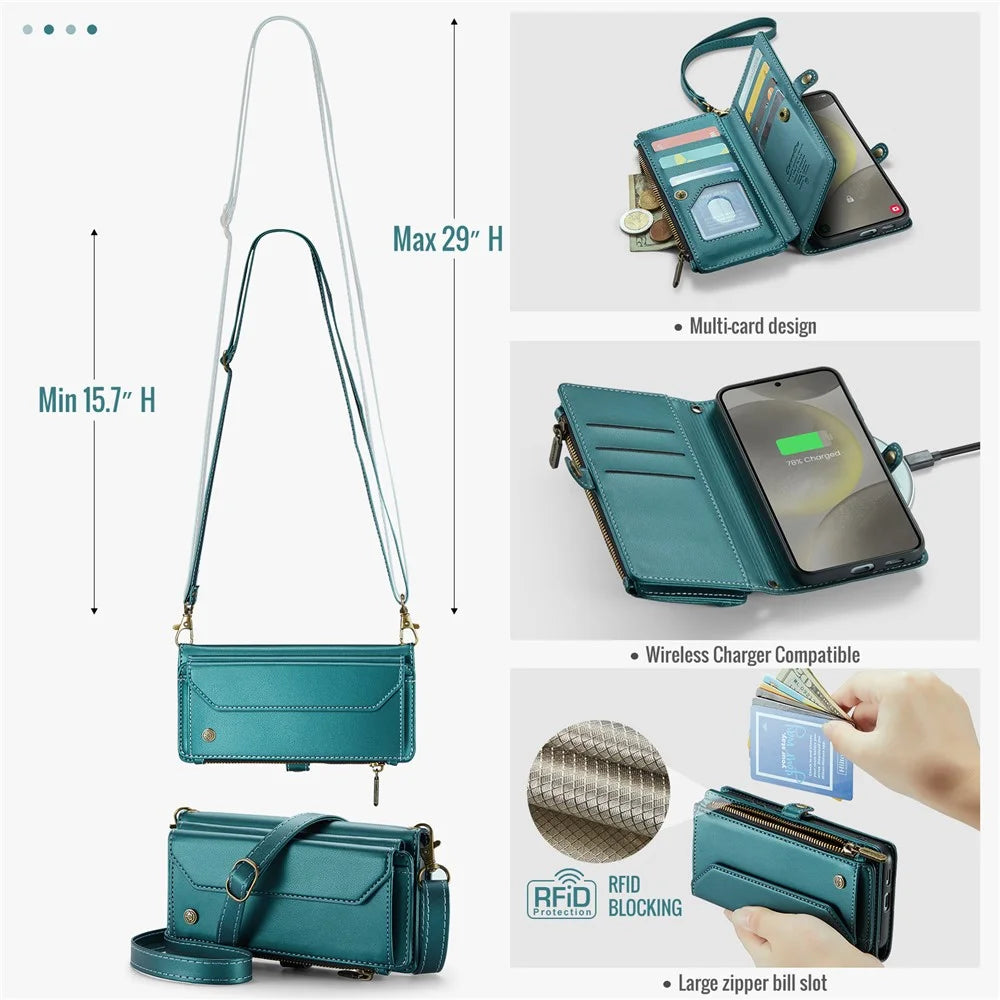 CASEME For Samsung Galaxy S24 FE Leather Case  C36 Zipper Multiple Card Slots Phone Cover with Straps - Green - 7
