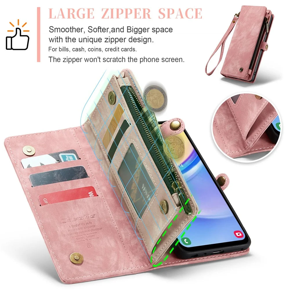 CASEME For Samsung Galaxy A16 5G / A16 4G Phone Cases  008 Leather Cover with Detachable Wallet and Strap - Pink - 6