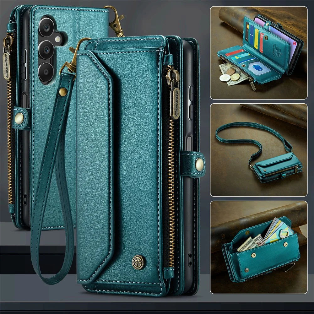 CASEME For Samsung Galaxy A16 5G / A16 4G Leather Case  C36 Zipper Multiple Card Slots Phone Cover with Straps - Green - 6
