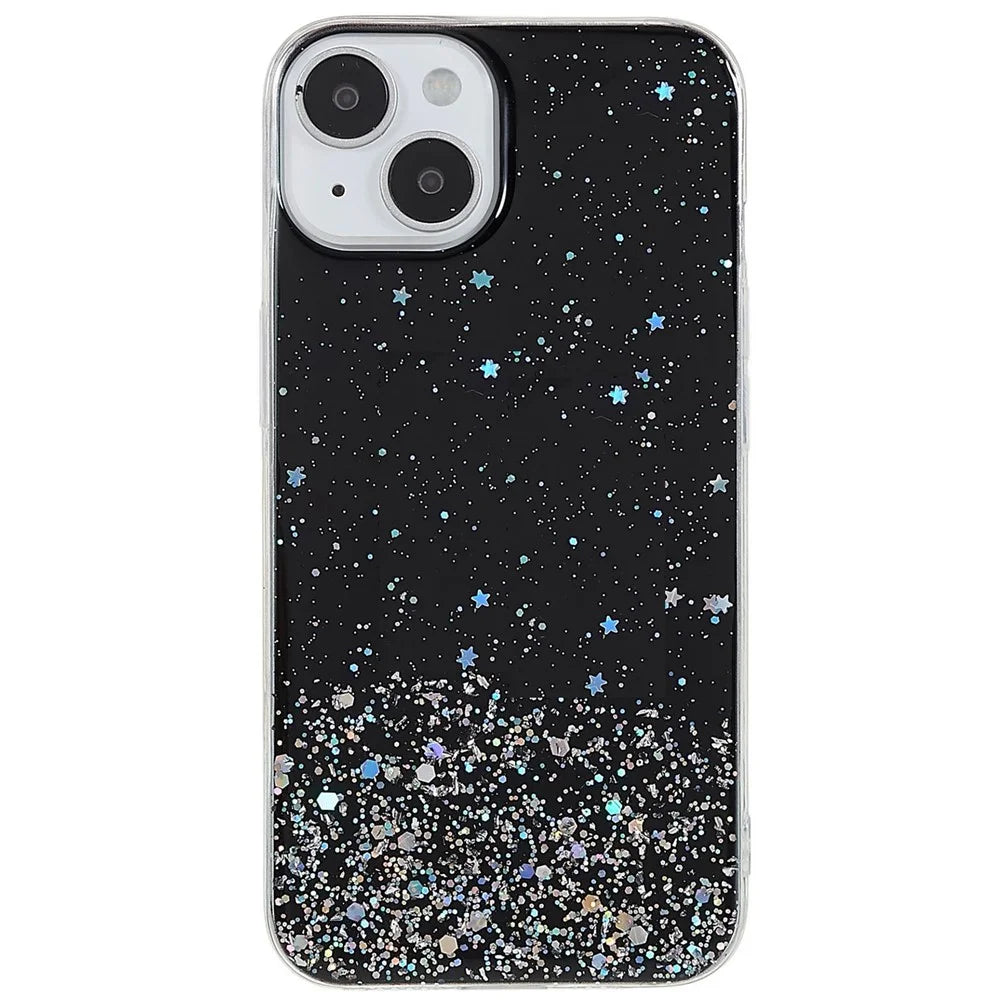 For iPhone 14 Starry Sky Epoxy Sparkle Personalized Phone Case Cover Soft TPU Shock Absorption Back Cover - Black - 2