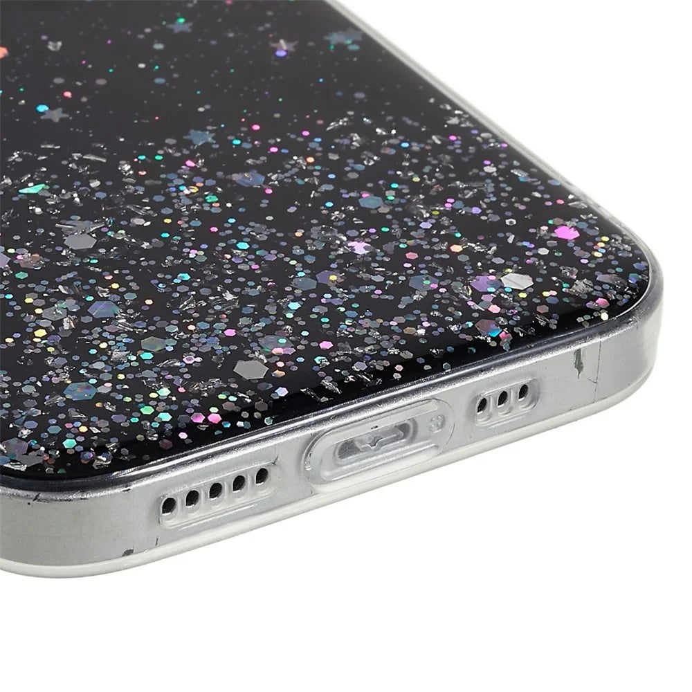 For iPhone 14 Starry Sky Epoxy Sparkle Personalized Phone Case Cover Soft TPU Shock Absorption Back Cover - Black - 6