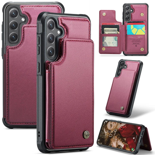 CASEME For Samsung Galaxy S24 FE Phone Case  C22 Leather Back Cover with RFID Blocking Card Slots - Red - 1