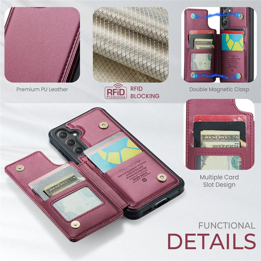 CASEME For Samsung Galaxy S24 FE Phone Case  C22 Leather Back Cover with RFID Blocking Card Slots - Red - 5
