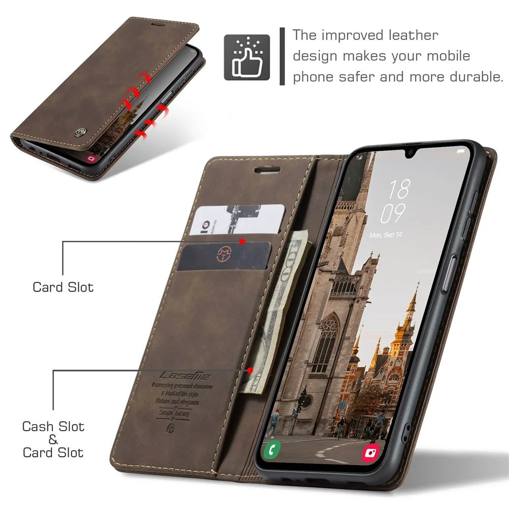 CASEME For Samsung Galaxy A16 5G / A16 4G Case  013 Series Card Holder Stand Leather Phone Cover - Coffee - 5