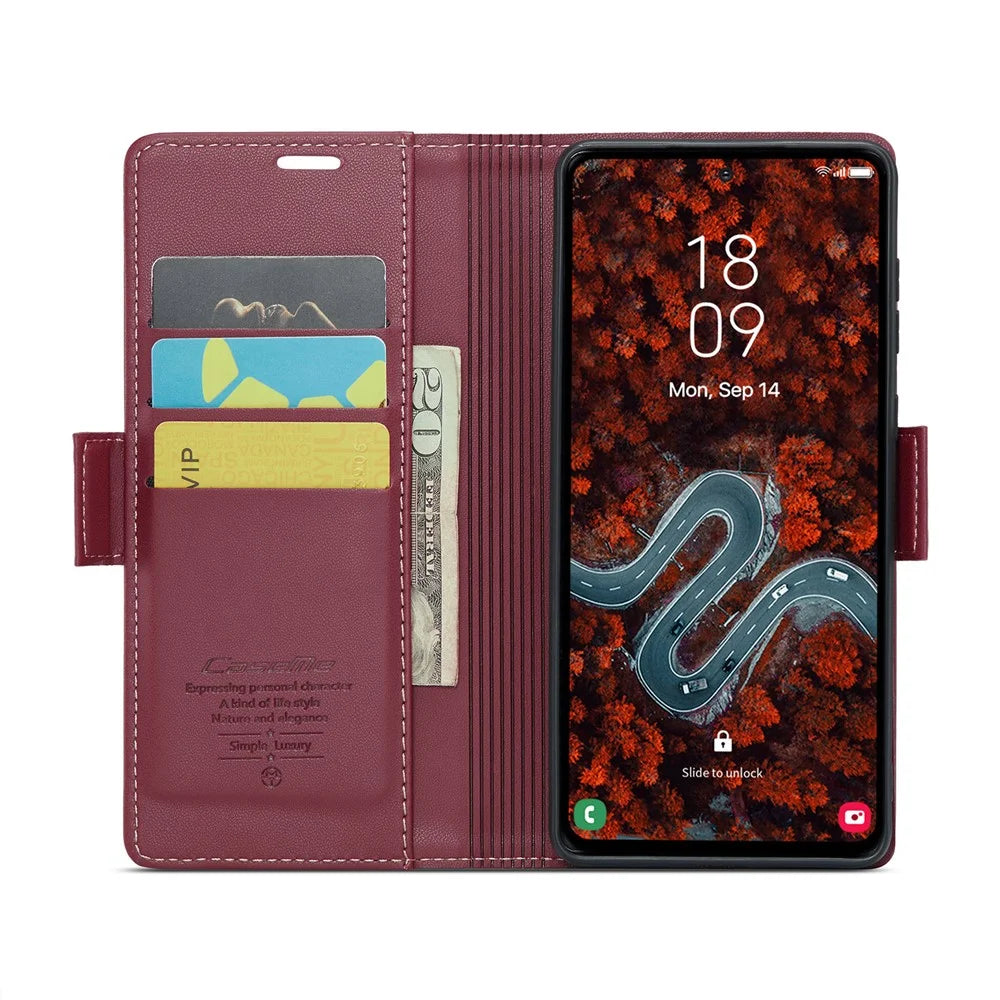 CASEME For Samsung Galaxy S24 FE Leather Case  023 RFID Blocking 3 Card Slot Mobile Cover - Red - 2