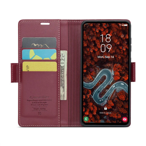 CASEME For Samsung Galaxy S24 FE Leather Case  023 RFID Blocking 3 Card Slot Mobile Cover - Red - 2