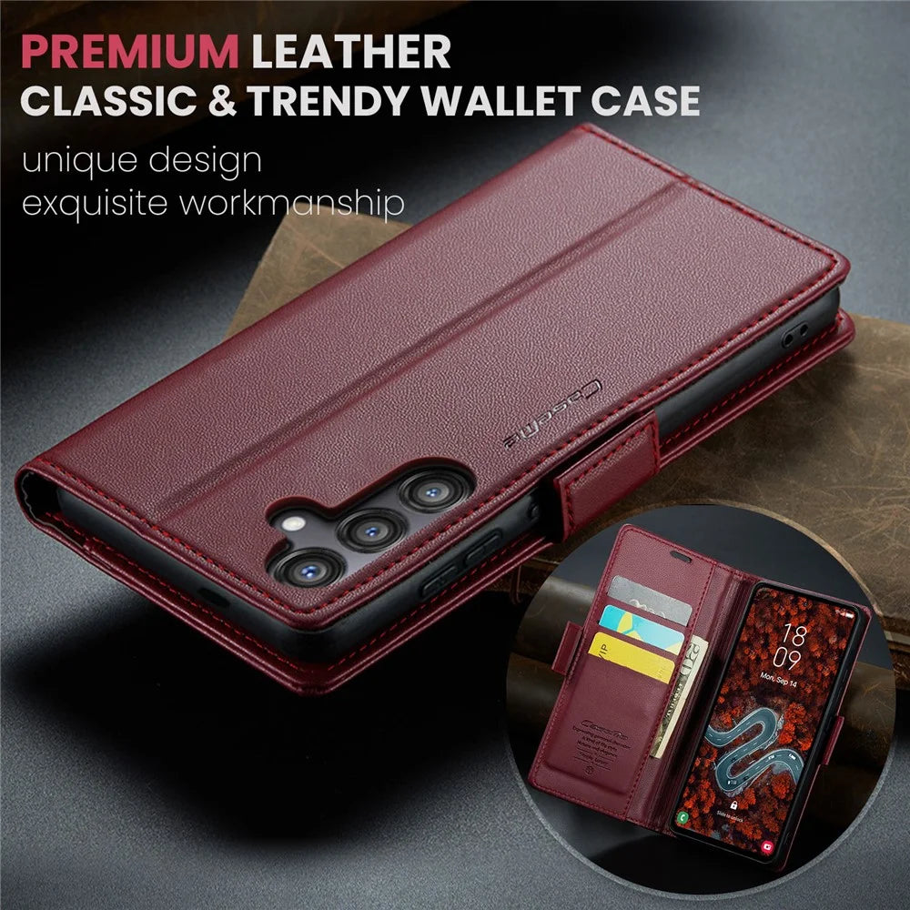 CASEME For Samsung Galaxy S24 FE Leather Case  023 RFID Blocking 3 Card Slot Mobile Cover - Red - 5