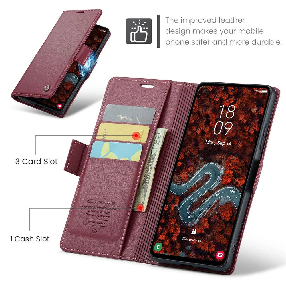 CASEME For Samsung Galaxy S24 FE Leather Case  023 RFID Blocking 3 Card Slot Mobile Cover - Red - 6