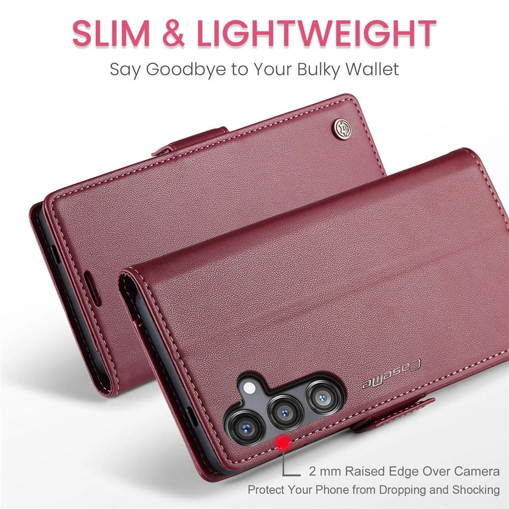 CASEME For Samsung Galaxy S24 FE Leather Case  023 RFID Blocking 3 Card Slot Mobile Cover - Red - 7