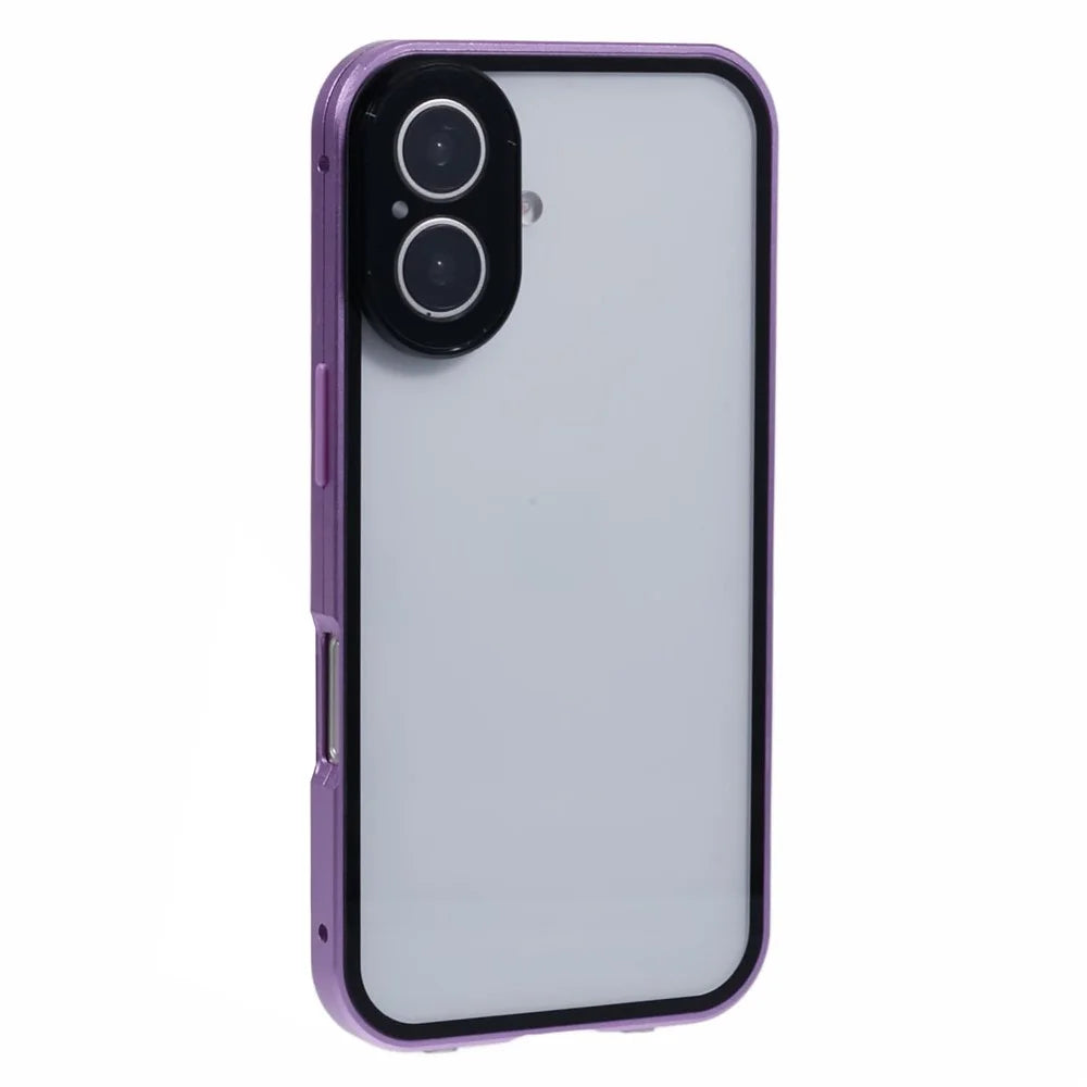 For iPhone 16 Plus Case Magnetic Adsorption Double Sides Tempered Glass+Metal Phone Cover with Buckle - Purple - 4