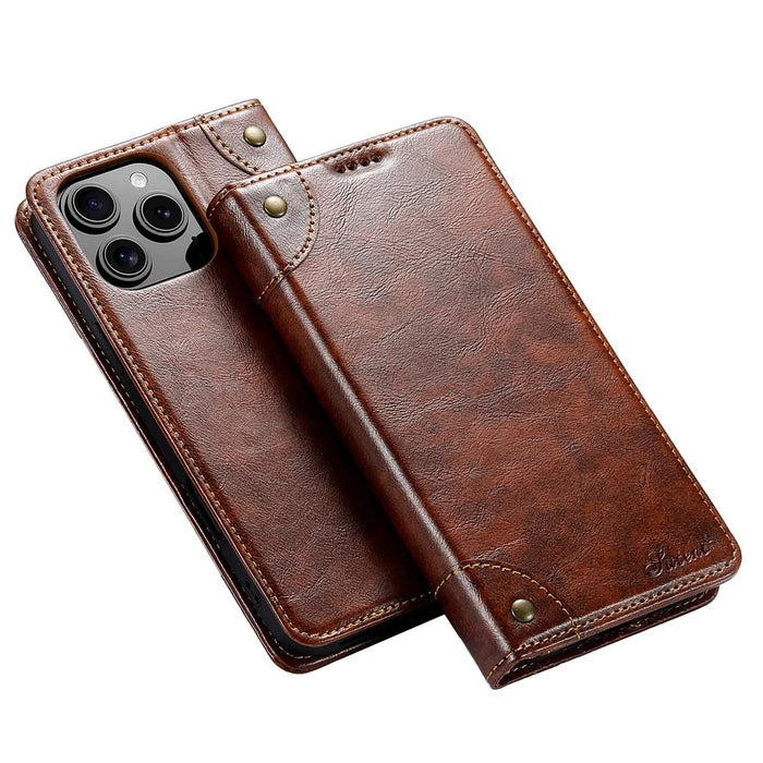 SUTENI For iPhone 16 Pro Max Case PU Leather Stand Wallet Phone Cover - Khaki - 1