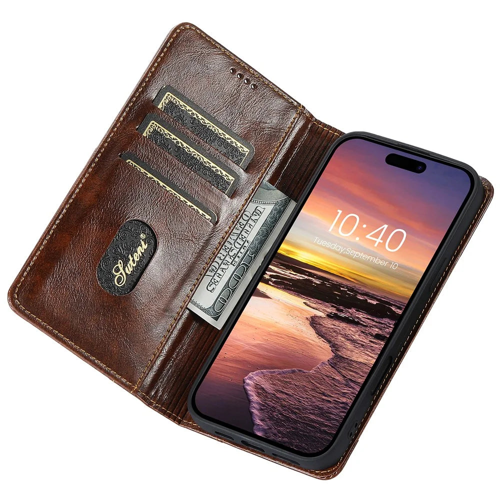 SUTENI For iPhone 16 Pro Max Case PU Leather Stand Wallet Phone Cover - Khaki - 2