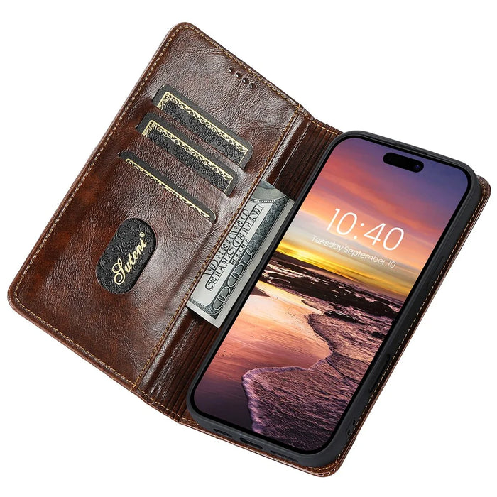 SUTENI For iPhone 16 Pro Max Case PU Leather Stand Wallet Phone Cover - Khaki - 2