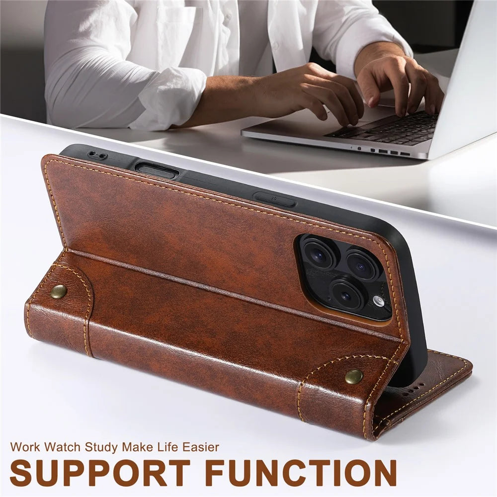 SUTENI For iPhone 16 Pro Max Case PU Leather Stand Wallet Phone Cover - Khaki - 4