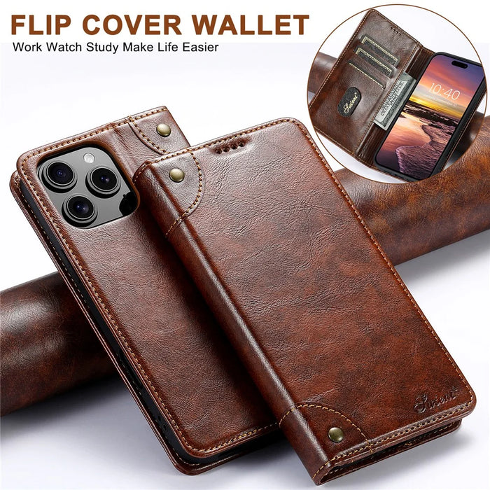 SUTENI For iPhone 16 Pro Max Case PU Leather Stand Wallet Phone Cover - Khaki - 5