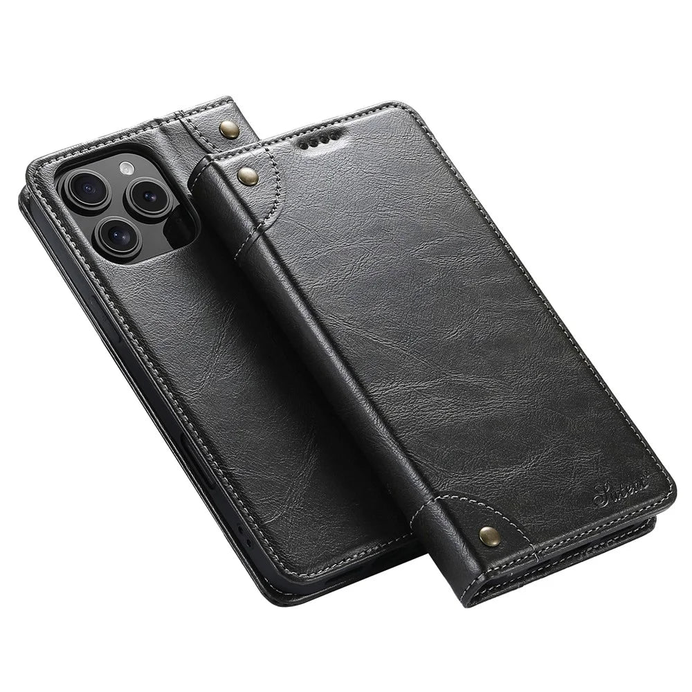 SUTENI For iPhone 16 Pro Case PU Leather Stand Wallet Phone Cover - Black - 1