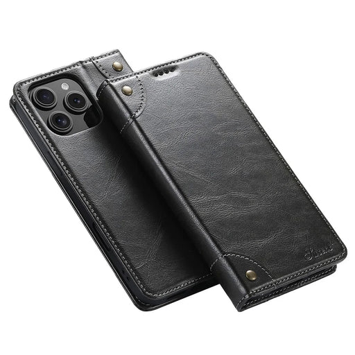 SUTENI For iPhone 16 Pro Case PU Leather Stand Wallet Phone Cover - Black - 1