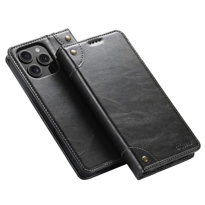SUTENI For iPhone 16 Pro Case PU Leather Stand Wallet Phone Cover - Black - 1
