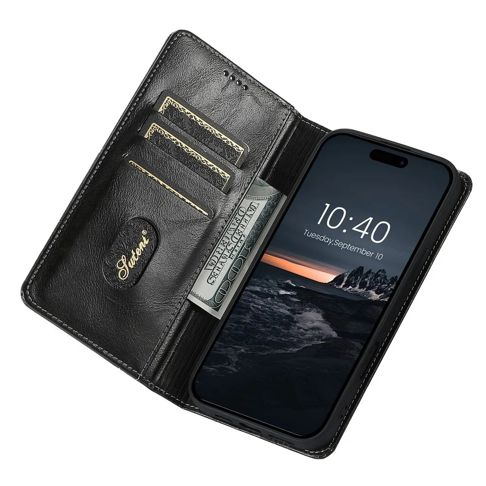 SUTENI For iPhone 16 Pro Case PU Leather Stand Wallet Phone Cover - Black - 2